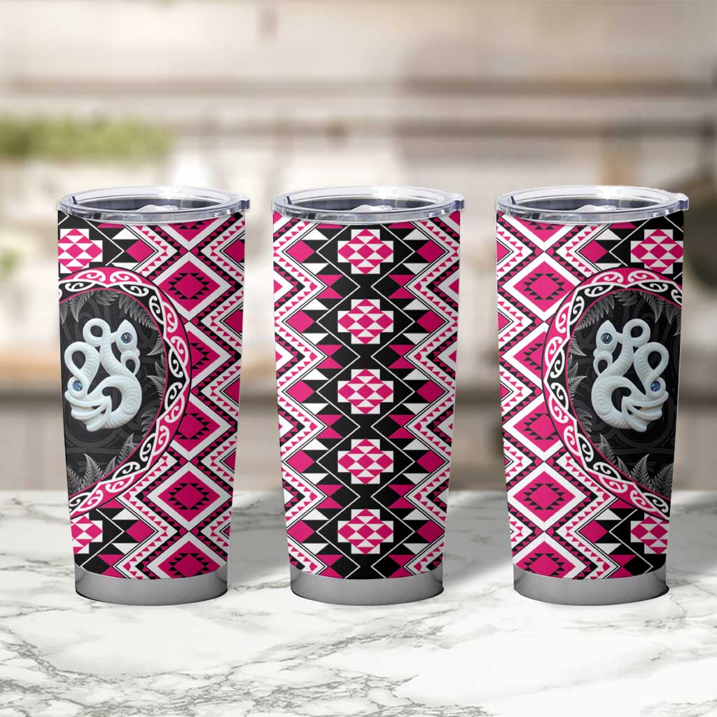 Pink Taniko Motif Aotearoa Manaia and Silver Fern Tumbler Cup