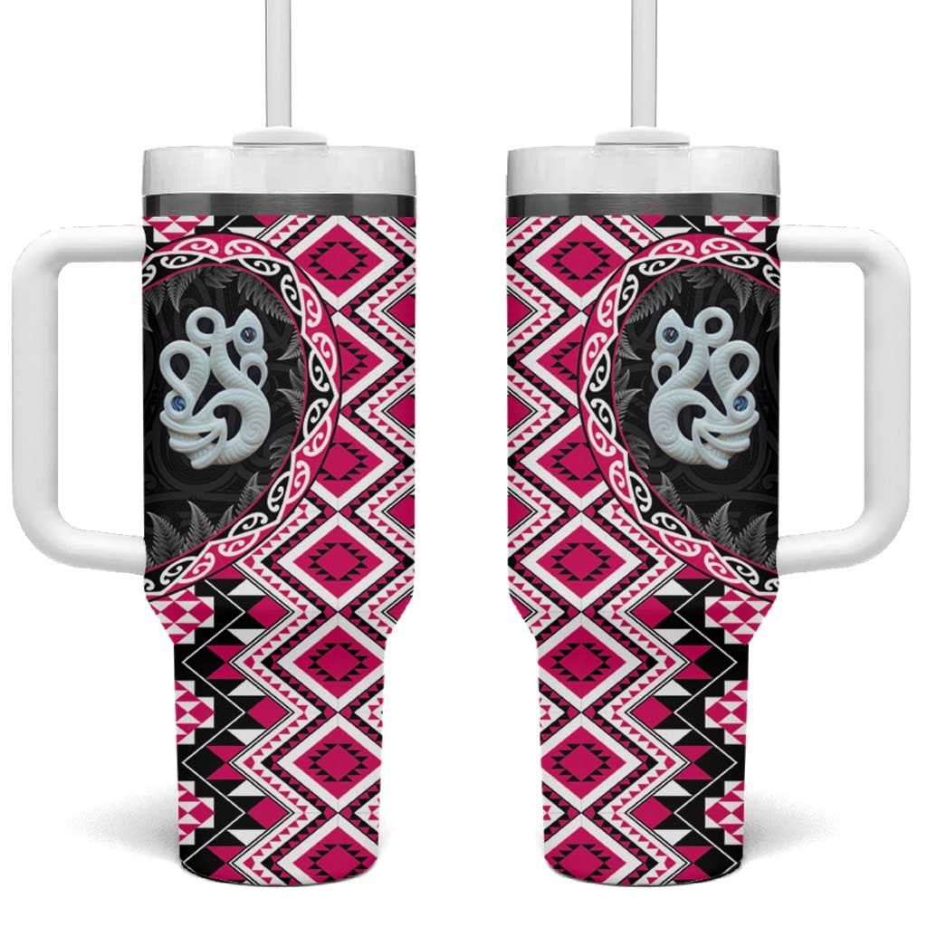 Pink Taniko Motif Aotearoa Manaia and Silver Fern Tumbler With Handle