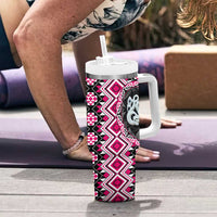 Pink Taniko Motif Aotearoa Manaia and Silver Fern Tumbler With Handle