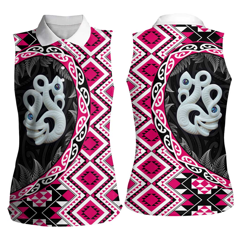 Pink Taniko Motif Aotearoa Manaia and Silver Fern Women Sleeveless Polo Shirt