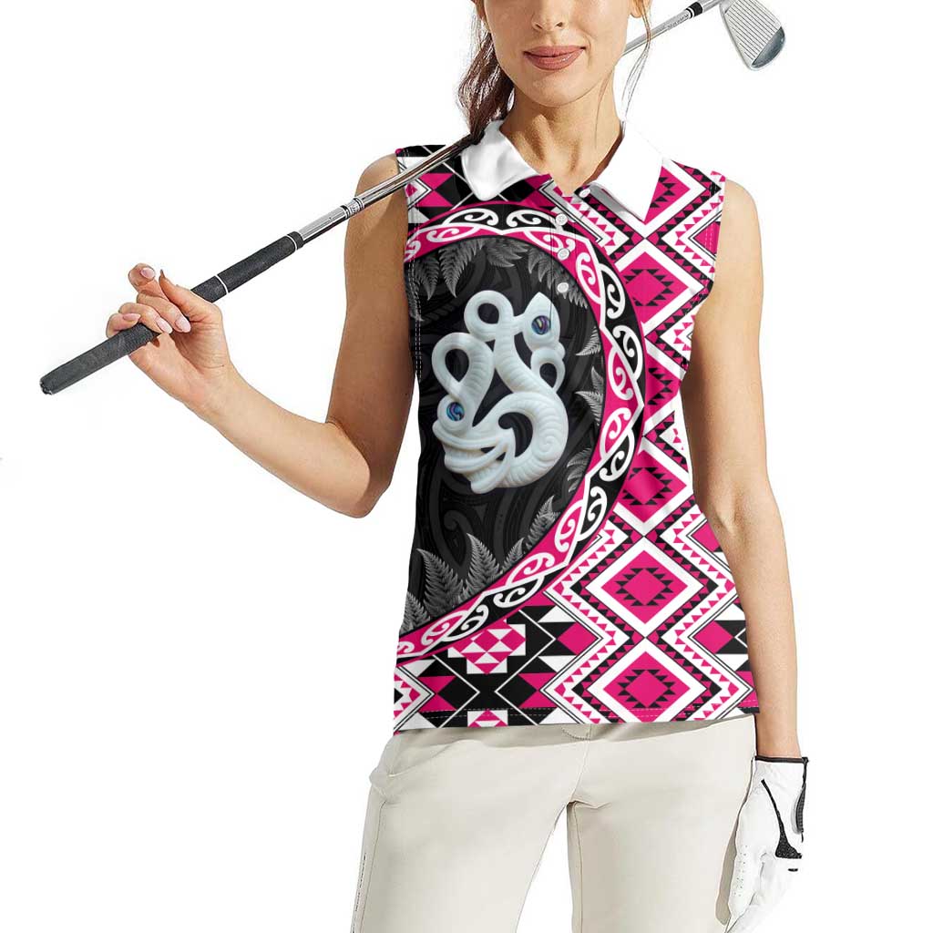 Pink Taniko Motif Aotearoa Manaia and Silver Fern Women Sleeveless Polo Shirt