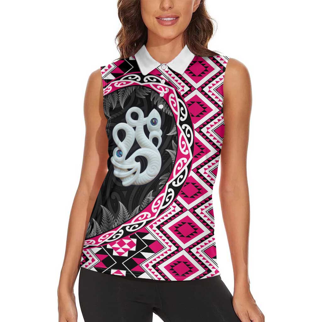 Pink Taniko Motif Aotearoa Manaia and Silver Fern Women Sleeveless Polo Shirt