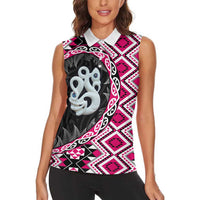 Pink Taniko Motif Aotearoa Manaia and Silver Fern Women Sleeveless Polo Shirt