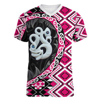 Pink Taniko Motif Aotearoa Manaia and Silver Fern Women V-Neck T-Shirt
