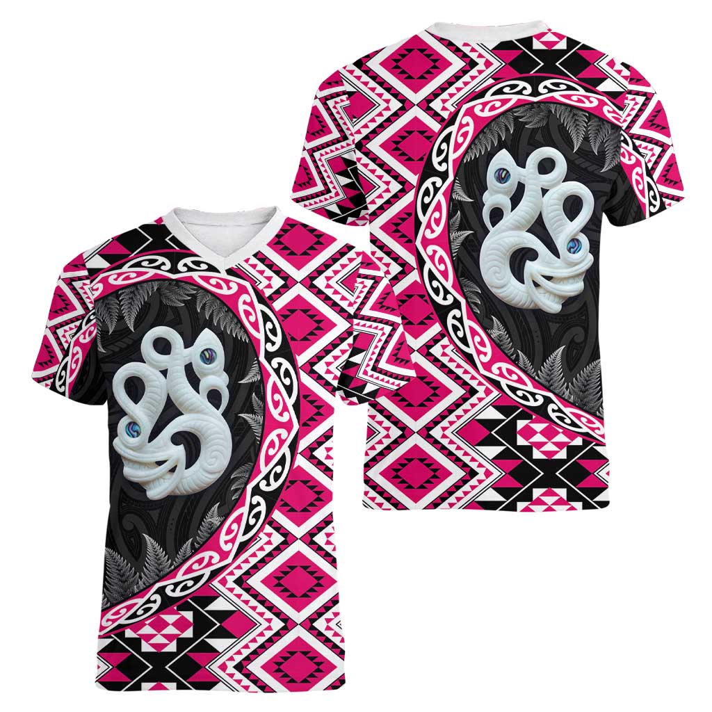 Pink Taniko Motif Aotearoa Manaia and Silver Fern Women V-Neck T-Shirt