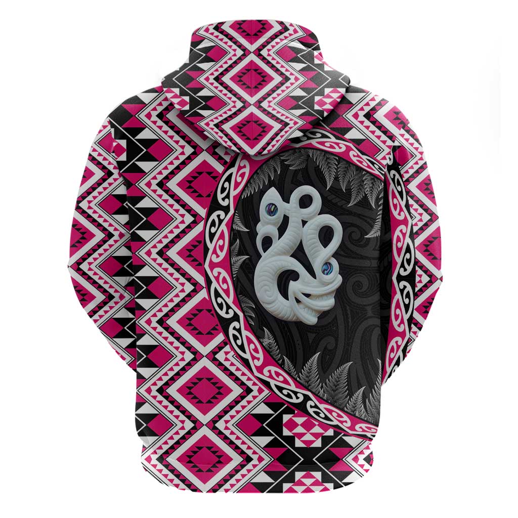 Pink Taniko Motif Aotearoa Manaia and Silver Fern Zip Hoodie LT03 - Polynesian Pride