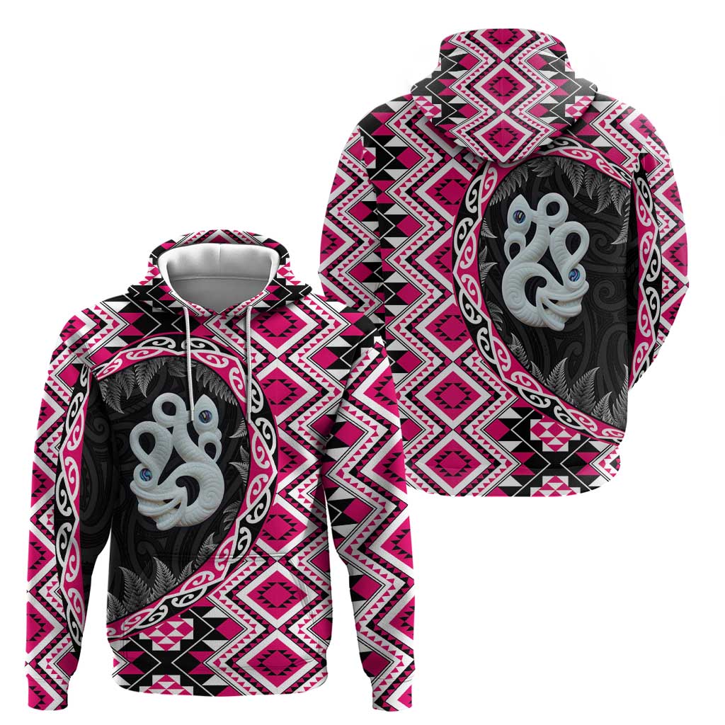 Pink Taniko Motif Aotearoa Manaia and Silver Fern Zip Hoodie LT03 - Polynesian Pride