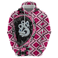 Pink Taniko Motif Aotearoa Manaia and Silver Fern Zip Hoodie LT03 - Polynesian Pride