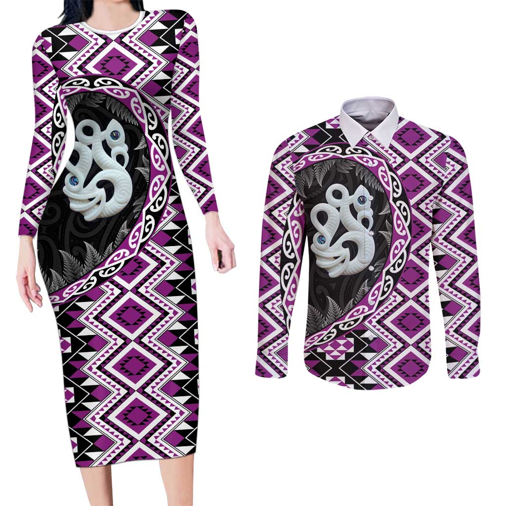 Purple Taniko Motif Aotearoa Manaia and Silver Fern Couples Matching Long Sleeve Bodycon Dress and Long Sleeve Button Shirt
