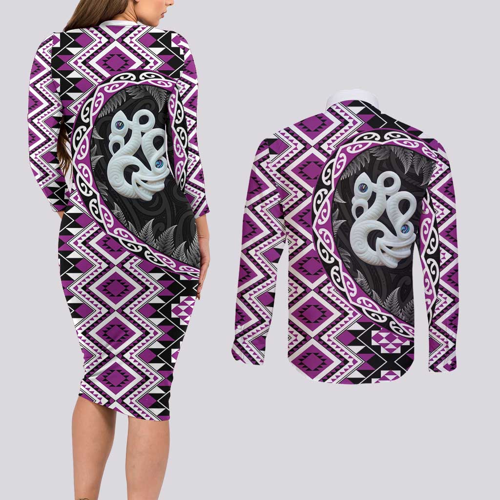 Purple Taniko Motif Aotearoa Manaia and Silver Fern Couples Matching Long Sleeve Bodycon Dress and Long Sleeve Button Shirt