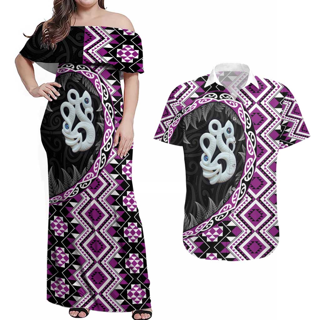 Purple Taniko Motif Aotearoa Manaia and Silver Fern Couples Matching Off Shoulder Maxi Dress and Hawaiian Shirt