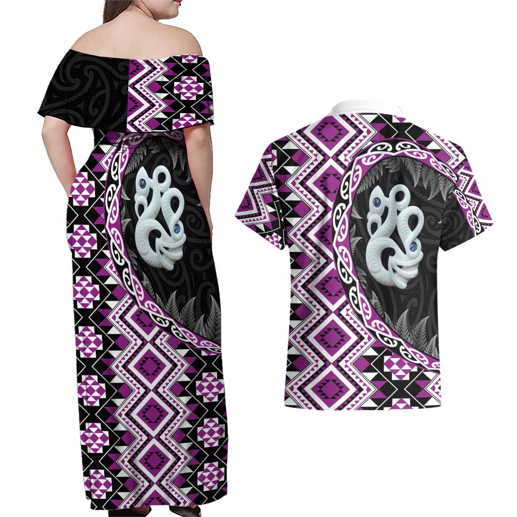 Purple Taniko Motif Aotearoa Manaia and Silver Fern Couples Matching Off Shoulder Maxi Dress and Hawaiian Shirt