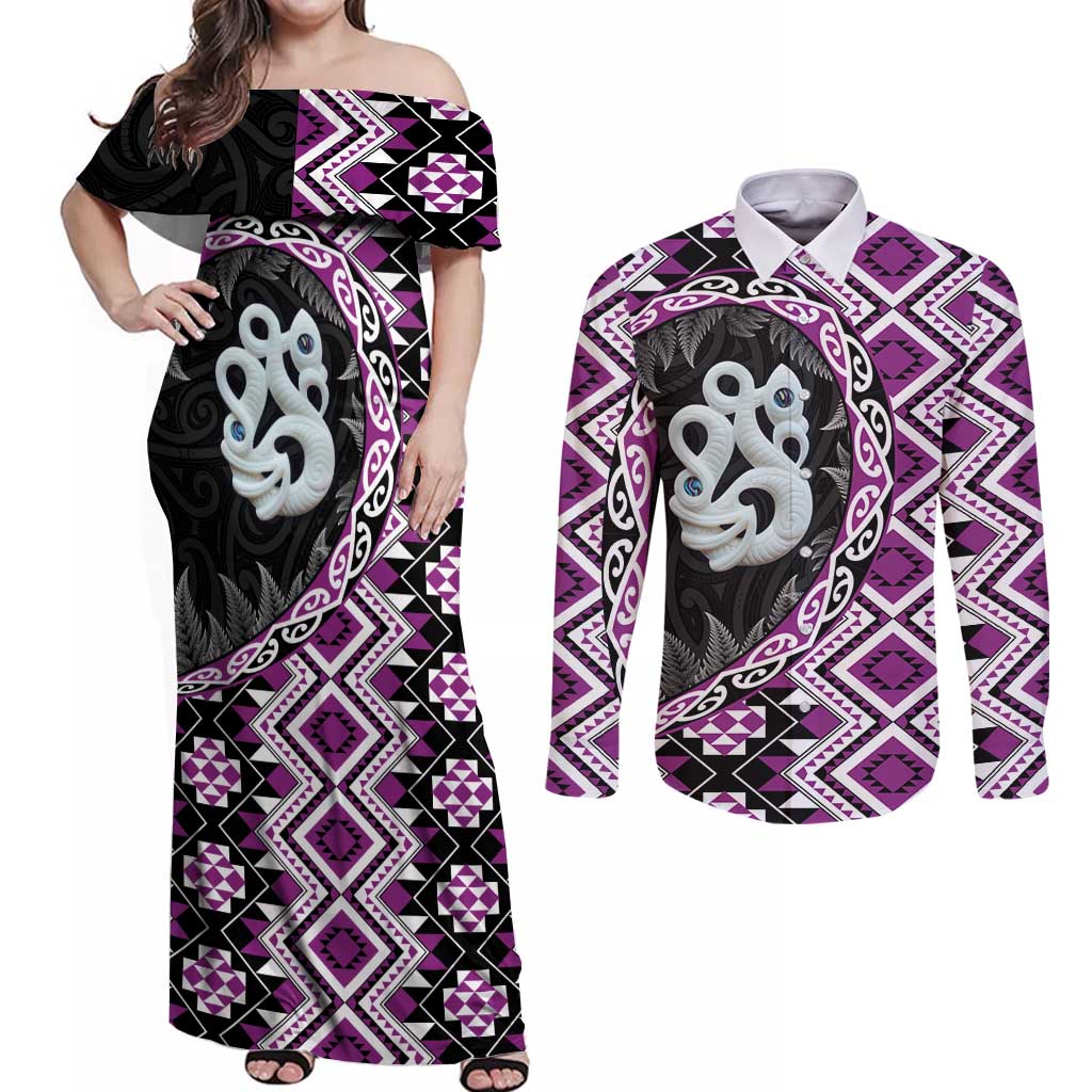 Purple Taniko Motif Aotearoa Manaia and Silver Fern Couples Matching Off Shoulder Maxi Dress and Long Sleeve Button Shirt