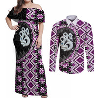 Purple Taniko Motif Aotearoa Manaia and Silver Fern Couples Matching Off Shoulder Maxi Dress and Long Sleeve Button Shirt