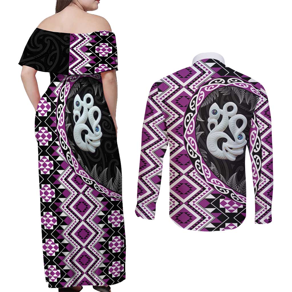Purple Taniko Motif Aotearoa Manaia and Silver Fern Couples Matching Off Shoulder Maxi Dress and Long Sleeve Button Shirt