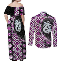 Purple Taniko Motif Aotearoa Manaia and Silver Fern Couples Matching Off Shoulder Maxi Dress and Long Sleeve Button Shirt
