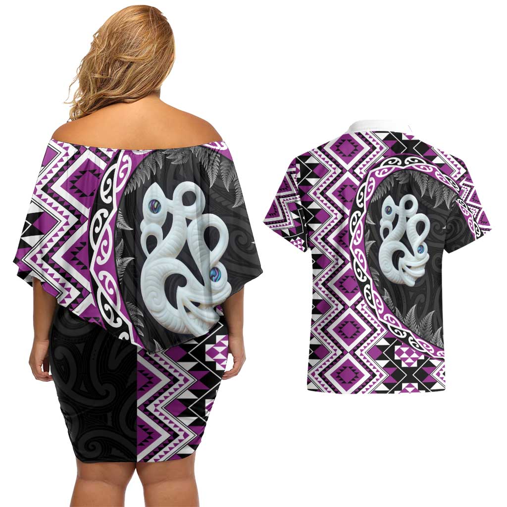 Purple Taniko Motif Aotearoa Manaia and Silver Fern Couples Matching Off Shoulder Short Dress and Hawaiian Shirt