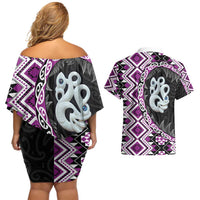 Purple Taniko Motif Aotearoa Manaia and Silver Fern Couples Matching Off Shoulder Short Dress and Hawaiian Shirt