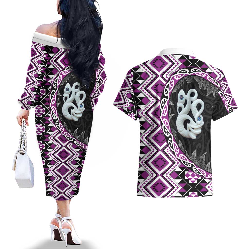 Purple Taniko Motif Aotearoa Manaia and Silver Fern Couples Matching Off The Shoulder Long Sleeve Dress and Hawaiian Shirt
