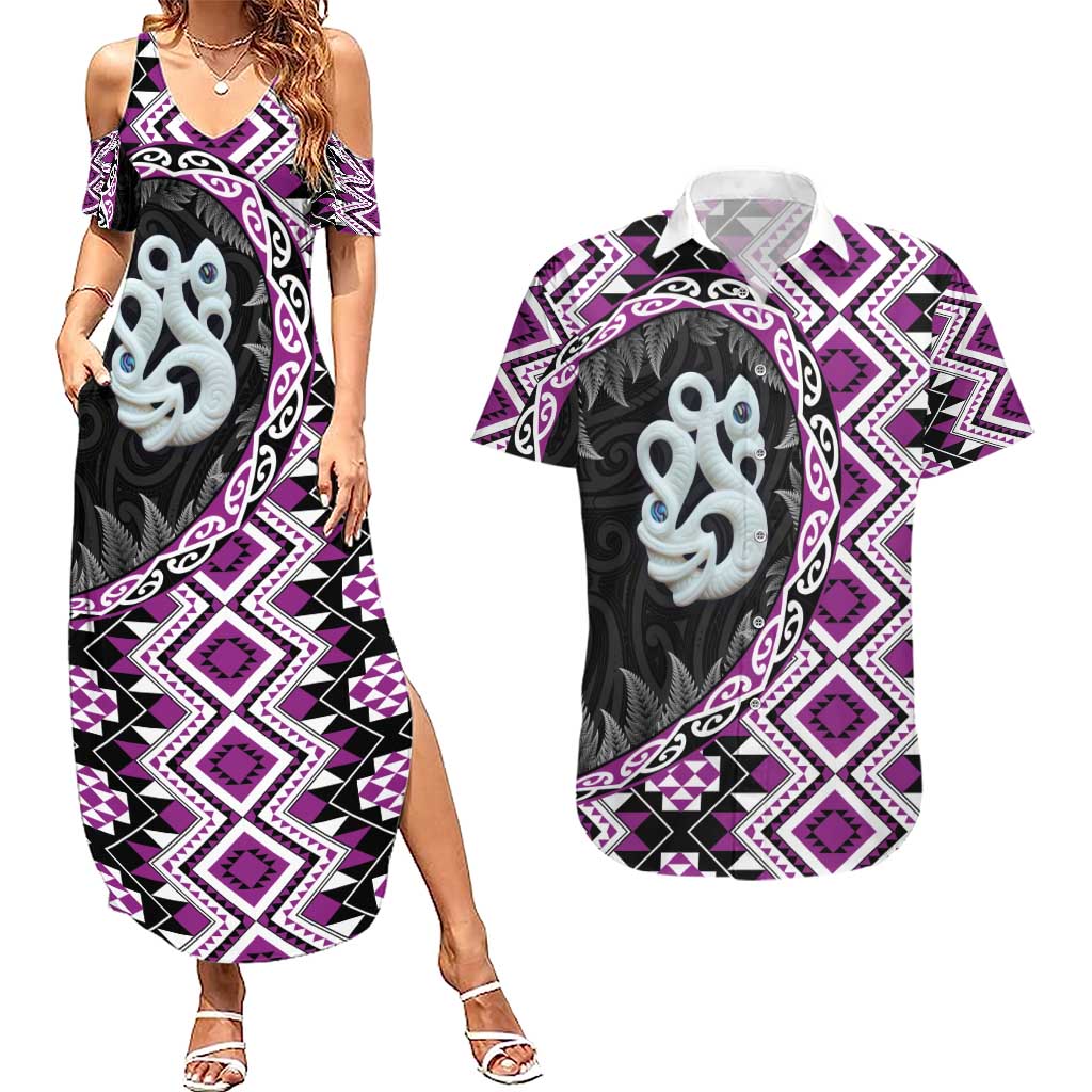 Purple Taniko Motif Aotearoa Manaia and Silver Fern Couples Matching Summer Maxi Dress and Hawaiian Shirt