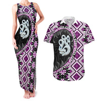 Purple Taniko Motif Aotearoa Manaia and Silver Fern Couples Matching Tank Maxi Dress and Hawaiian Shirt
