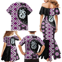 Purple Taniko Motif Aotearoa Manaia and Silver Fern Family Matching Mermaid Dress and Hawaiian Shirt