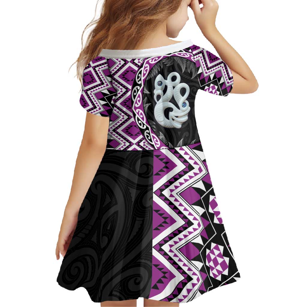 Purple Taniko Motif Aotearoa Manaia and Silver Fern Family Matching Off Shoulder Maxi Dress and Hawaiian Shirt