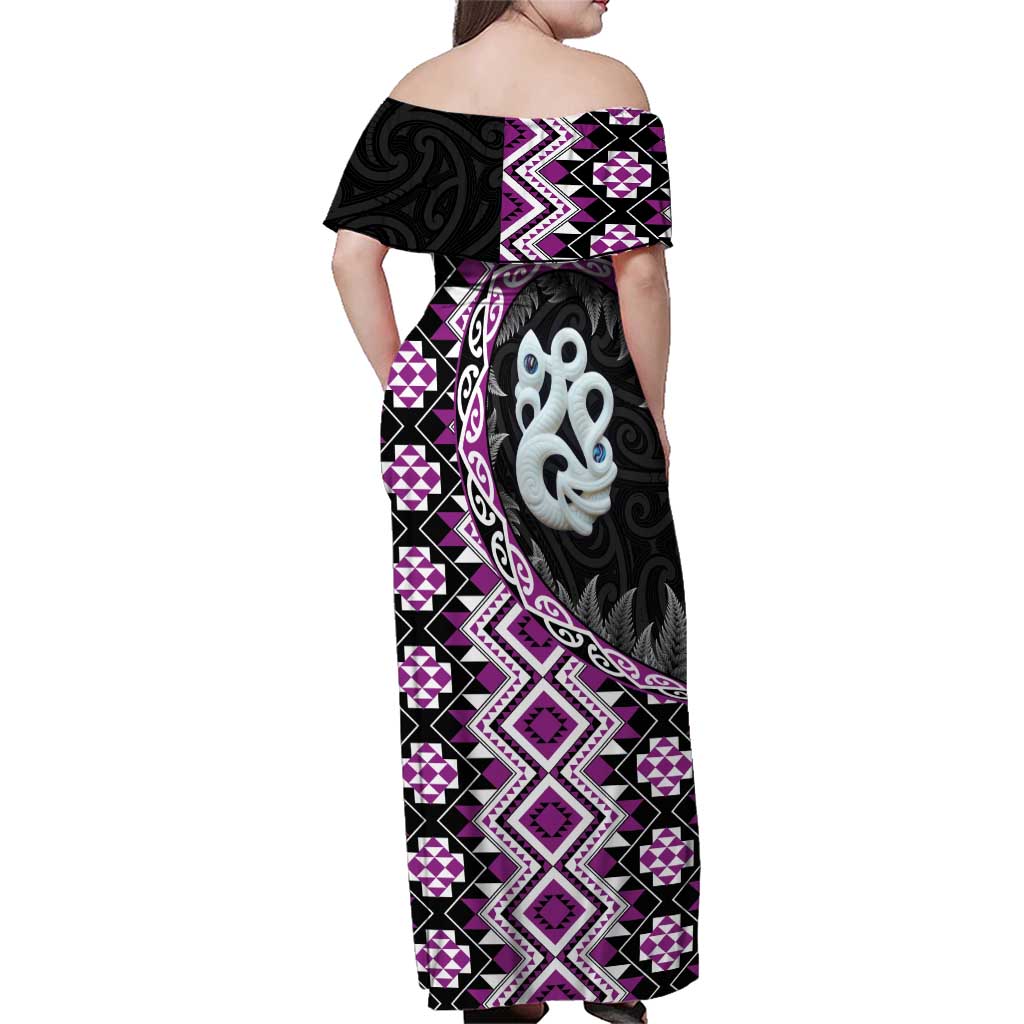 Purple Taniko Motif Aotearoa Manaia and Silver Fern Family Matching Off Shoulder Maxi Dress and Hawaiian Shirt