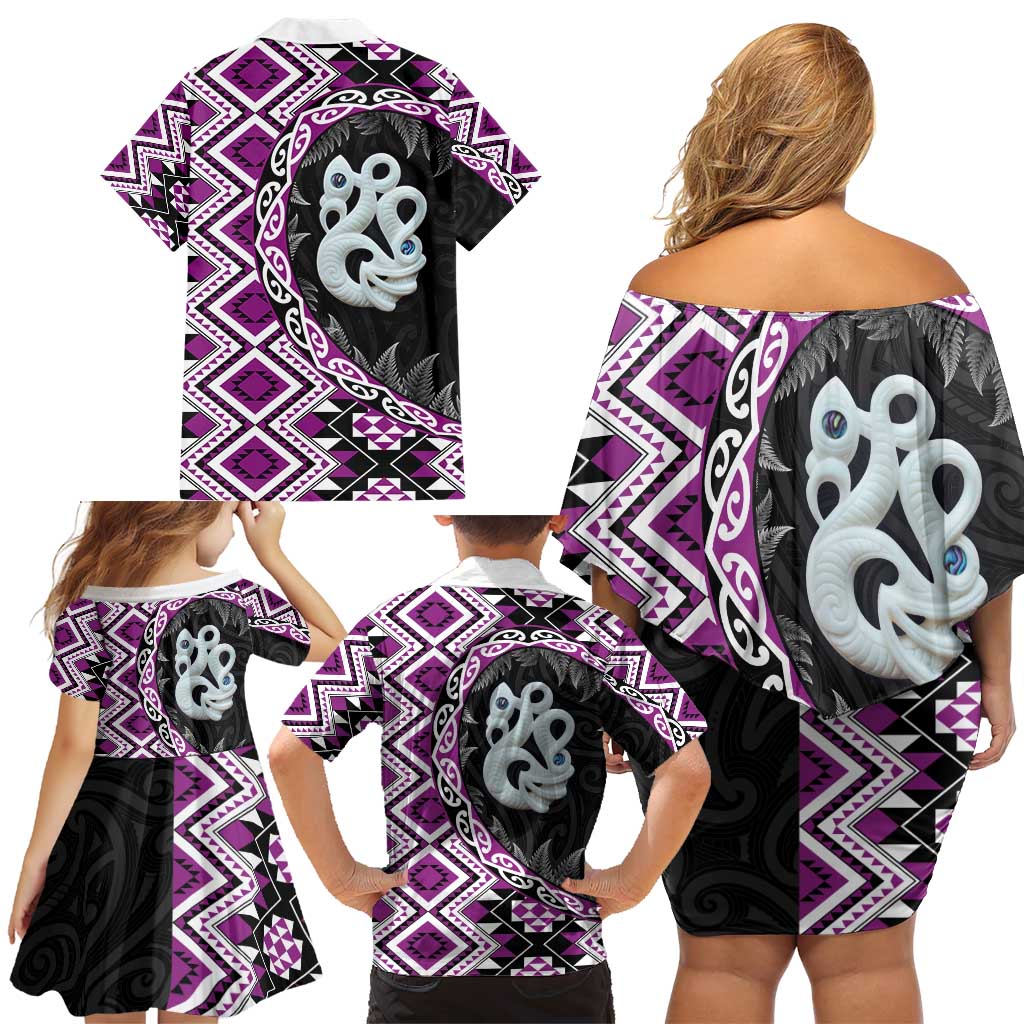 Purple Taniko Motif Aotearoa Manaia and Silver Fern Family Matching Off Shoulder Short Dress and Hawaiian Shirt