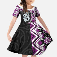 Purple Taniko Motif Aotearoa Manaia and Silver Fern Family Matching Tank Maxi Dress and Hawaiian Shirt LT03 Daughter's Dress Purple - Polynesian Pride