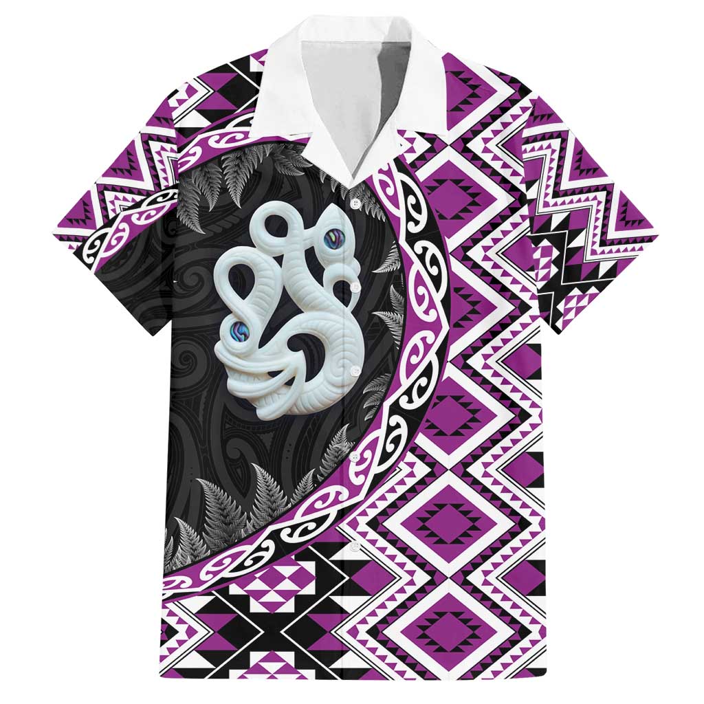 Purple Taniko Motif Aotearoa Manaia and Silver Fern Family Matching Tank Maxi Dress and Hawaiian Shirt LT03 Dad's Shirt - Short Sleeve Purple - Polynesian Pride