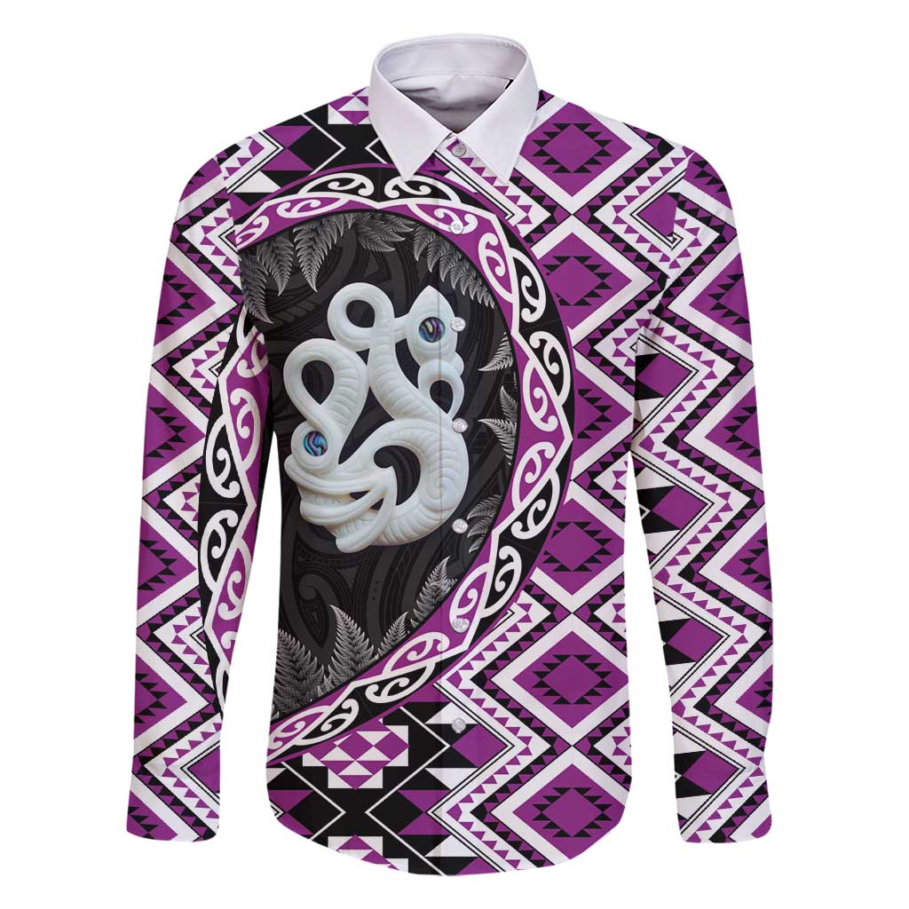 Purple Taniko Motif Aotearoa Manaia and Silver Fern Family Matching Tank Maxi Dress and Hawaiian Shirt LT03 Dad's Shirt - Long Sleeve Purple - Polynesian Pride