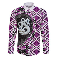 Purple Taniko Motif Aotearoa Manaia and Silver Fern Family Matching Tank Maxi Dress and Hawaiian Shirt LT03 Dad's Shirt - Long Sleeve Purple - Polynesian Pride
