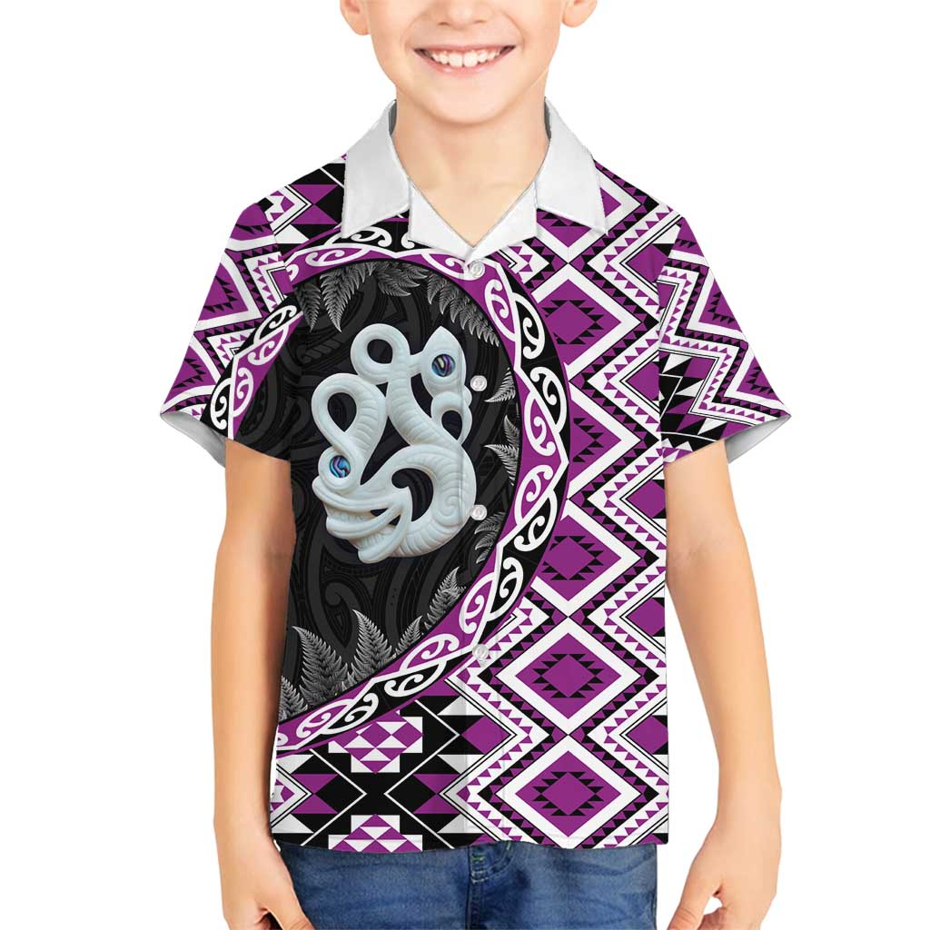 Purple Taniko Motif Aotearoa Manaia and Silver Fern Family Matching Tank Maxi Dress and Hawaiian Shirt LT03 Son's Shirt Purple - Polynesian Pride