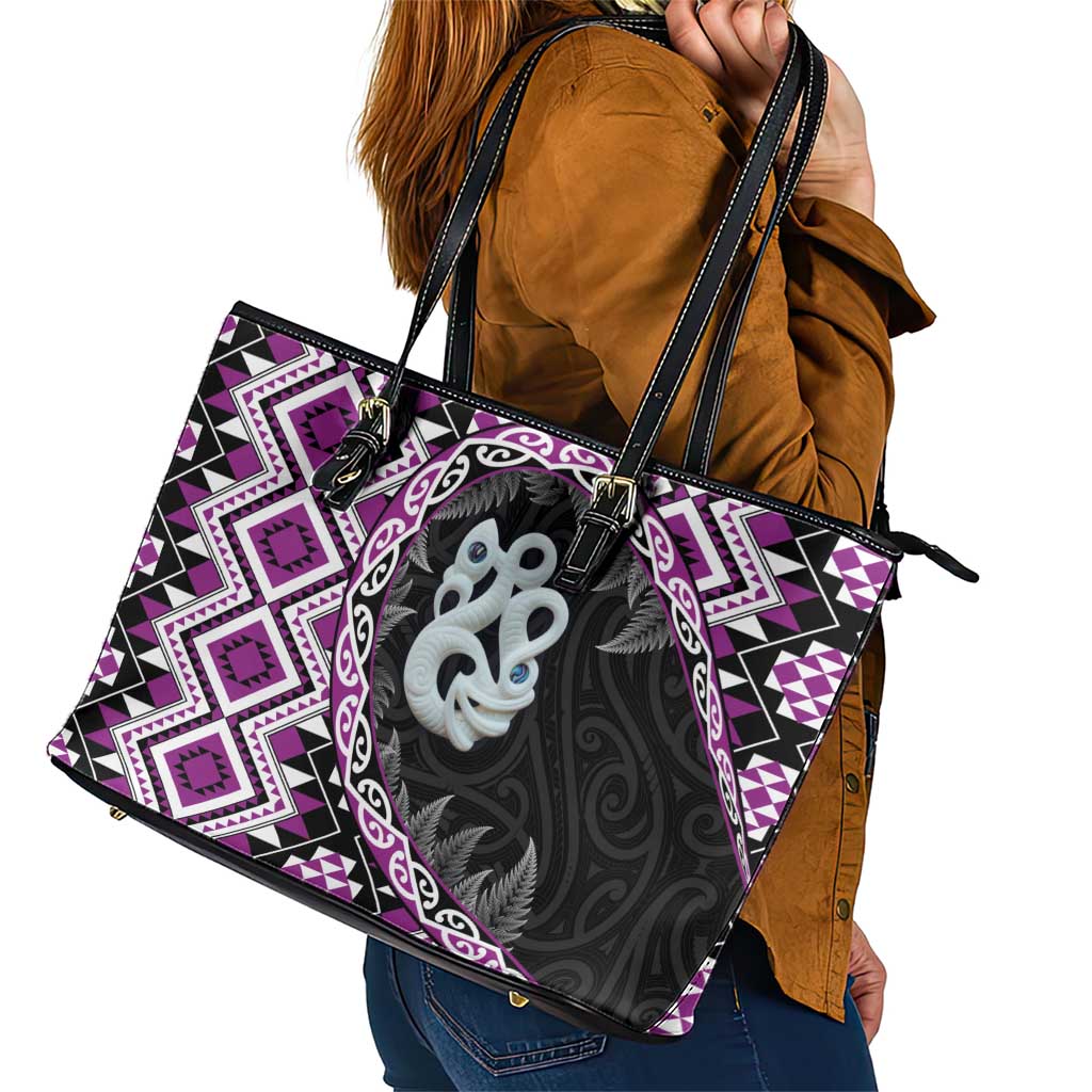 Purple Taniko Motif Aotearoa Manaia and Silver Fern Leather Tote Bag