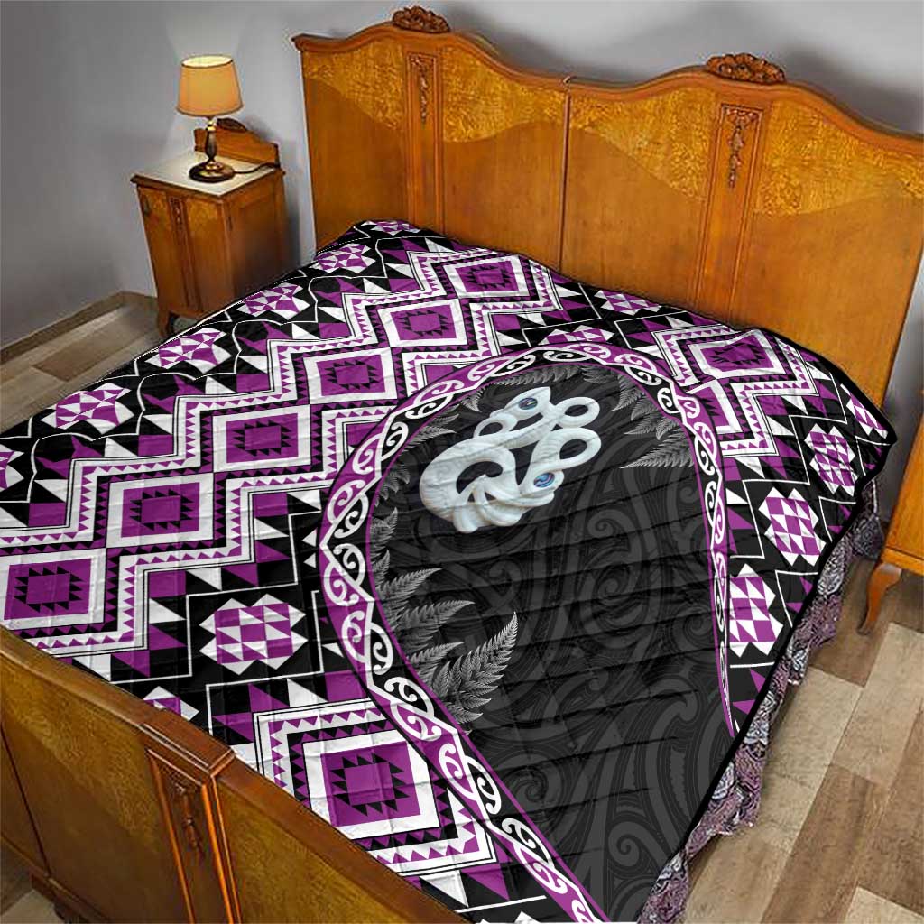 Purple Taniko Motif Aotearoa Manaia and Silver Fern Quilt LT03 - Polynesian Pride