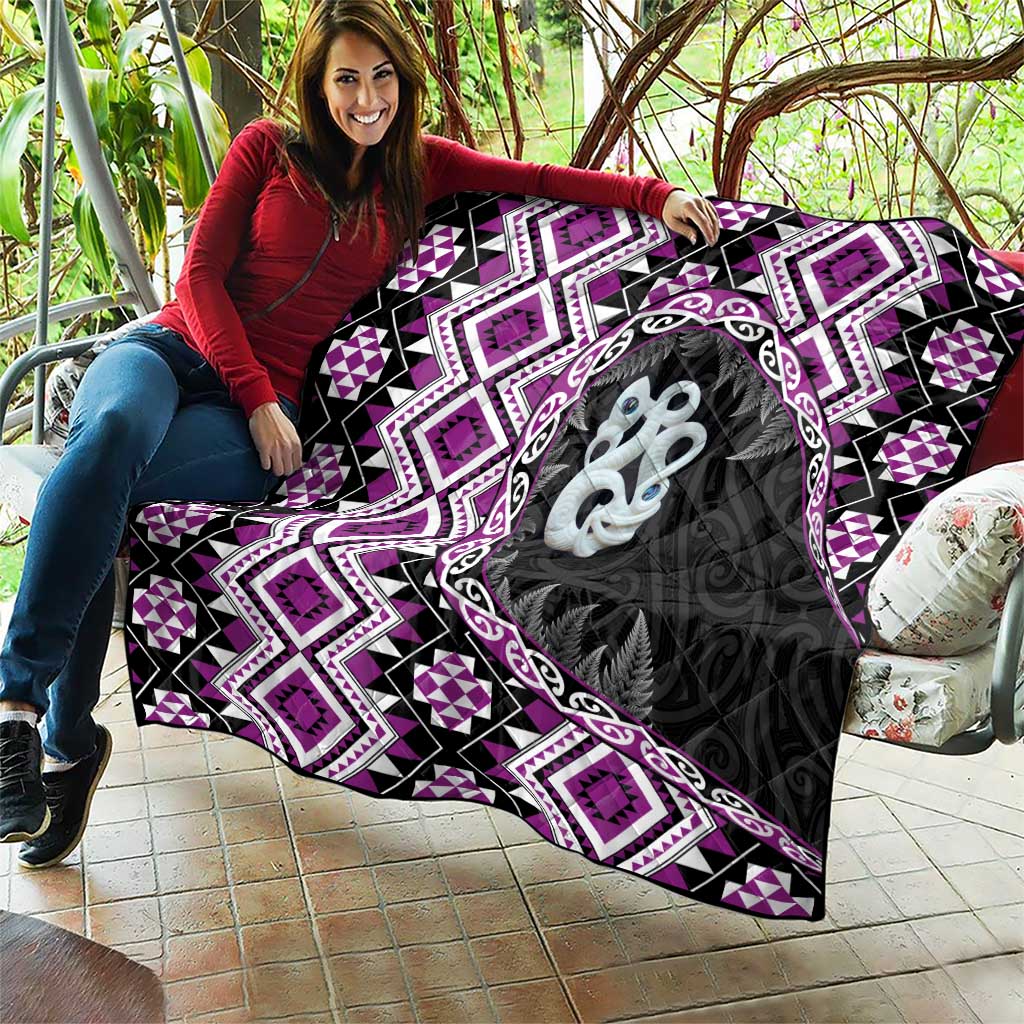 Purple Taniko Motif Aotearoa Manaia and Silver Fern Quilt LT03 - Polynesian Pride