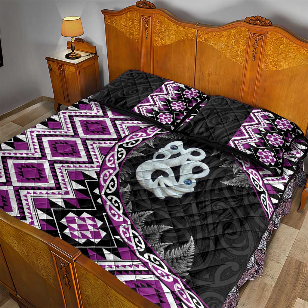Purple Taniko Motif Aotearoa Manaia and Silver Fern Quilt Bed Set