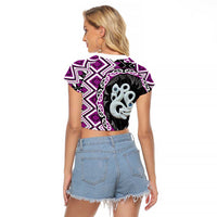 Purple Taniko Motif Aotearoa Manaia and Silver Fern Raglan Cropped T Shirt