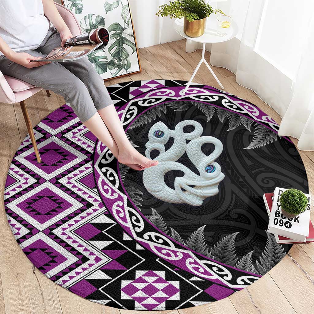 Purple Taniko Motif Aotearoa Manaia and Silver Fern Round Carpet LT03 - Polynesian Pride