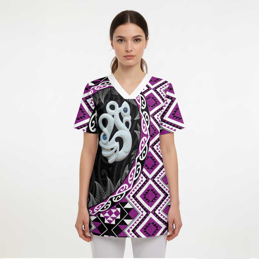 Purple Taniko Motif Aotearoa Manaia and Silver Fern Scrub Top - Polynesian Pride