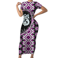 Purple Taniko Motif Aotearoa Manaia and Silver Fern Short Sleeve Bodycon Dress