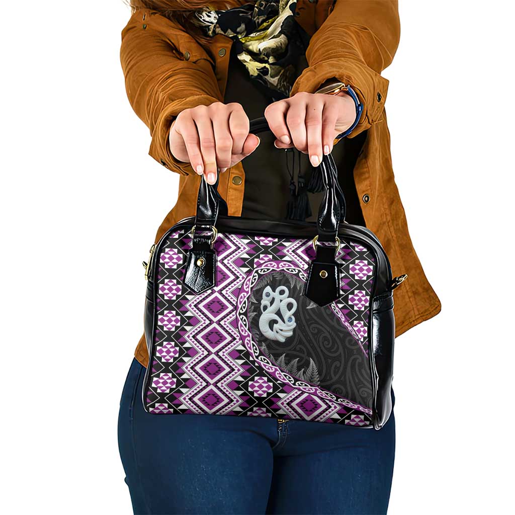 Purple Taniko Motif Aotearoa Manaia and Silver Fern Shoulder Handbag LT03 One Size Purple - Polynesian Pride
