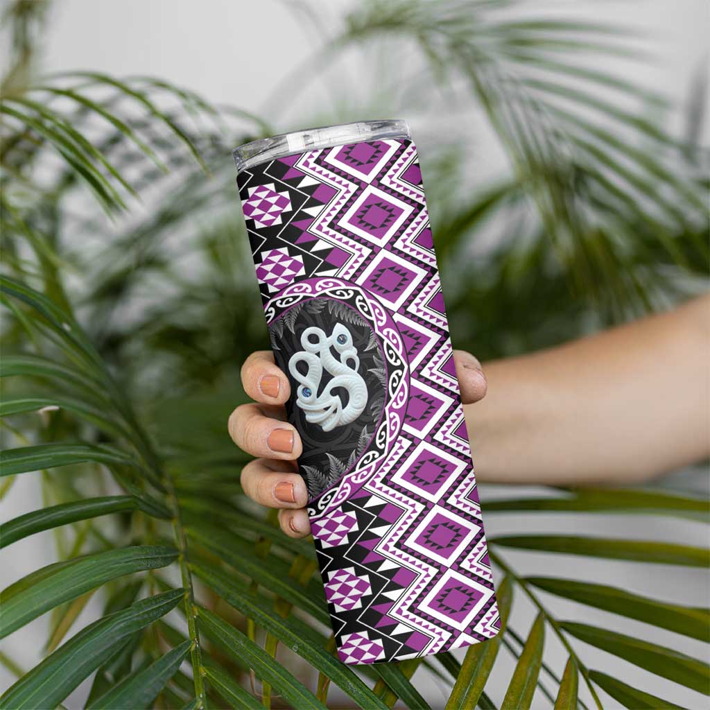 Purple Taniko Motif Aotearoa Manaia and Silver Fern Skinny Tumbler