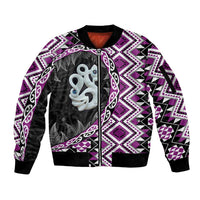 Purple Taniko Motif Aotearoa Manaia and Silver Fern Sleeve Zip Bomber Jacket