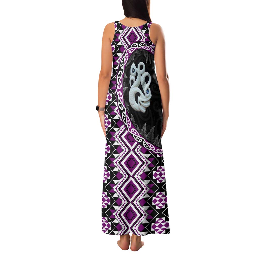 Purple Taniko Motif Aotearoa Manaia and Silver Fern Tank Maxi Dress