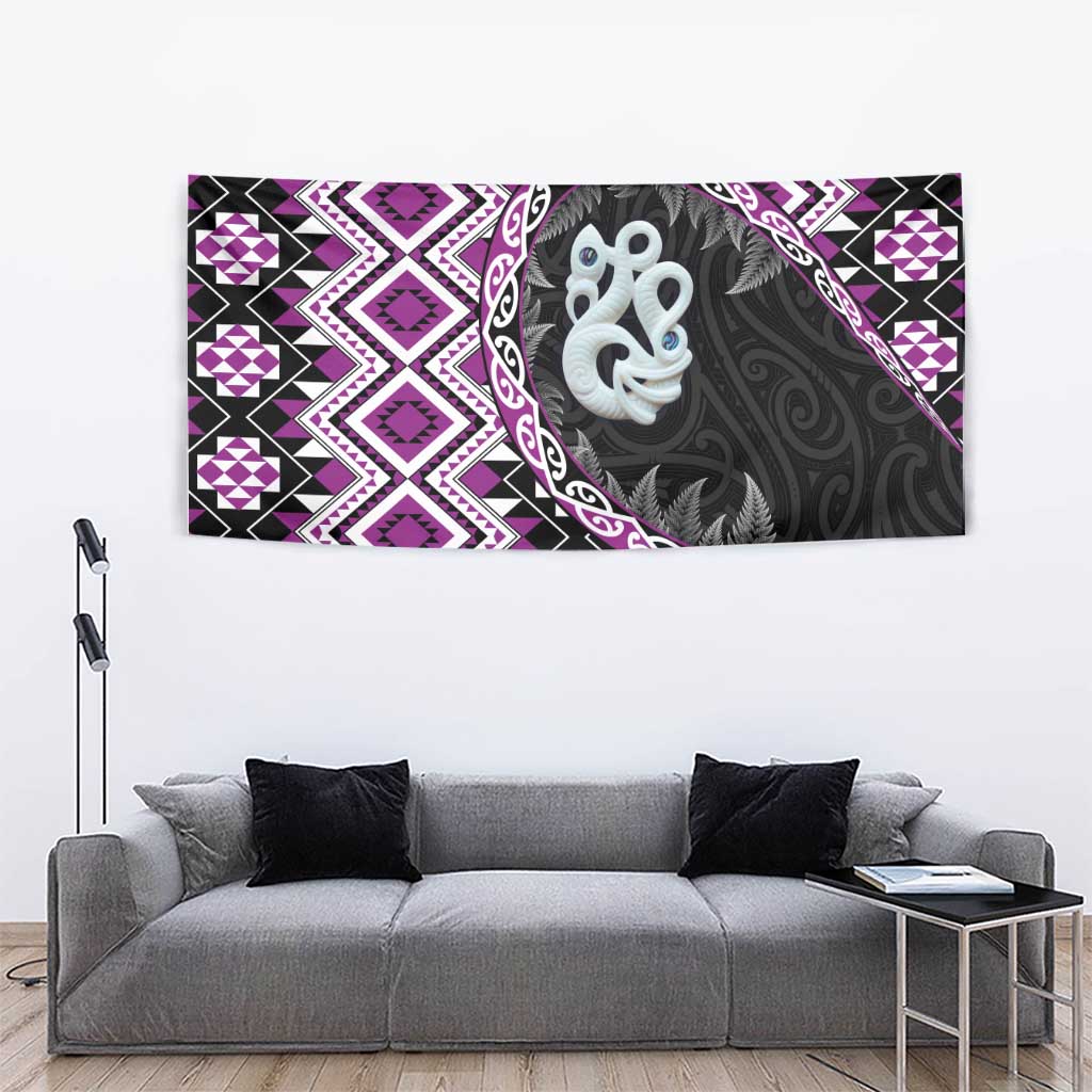 Purple Taniko Motif Aotearoa Manaia and Silver Fern Tapestry
