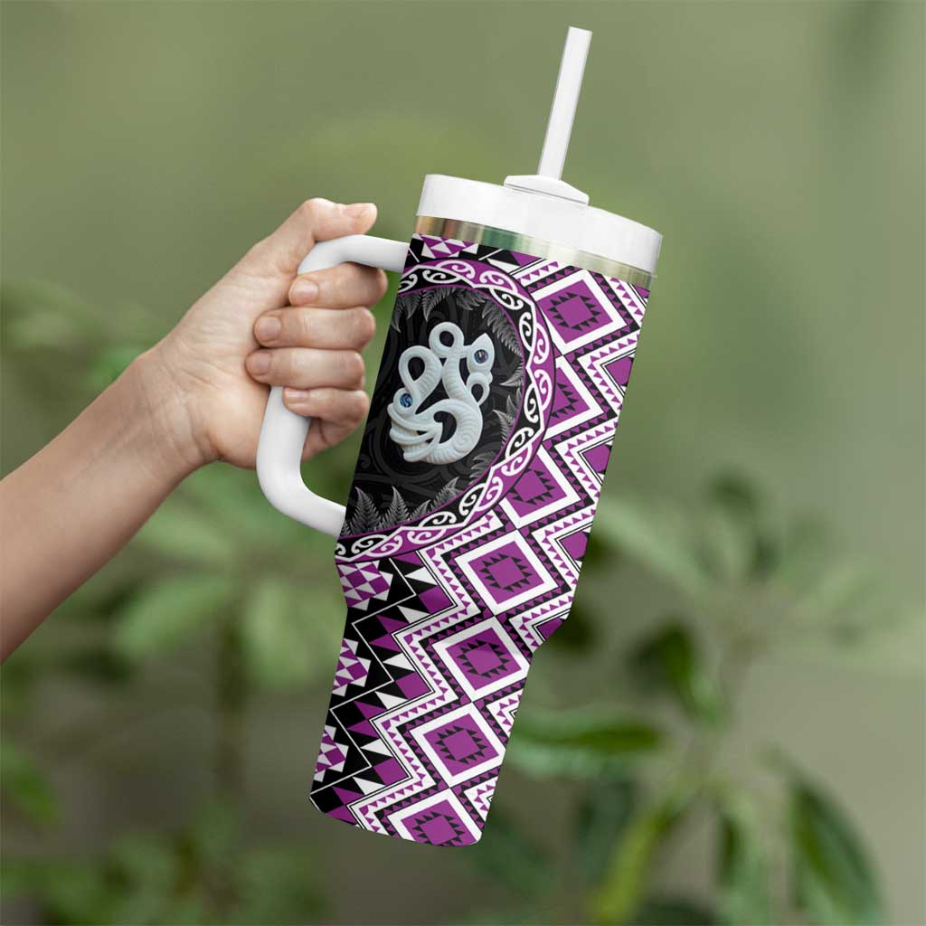 Purple Taniko Motif Aotearoa Manaia and Silver Fern Tumbler With Handle