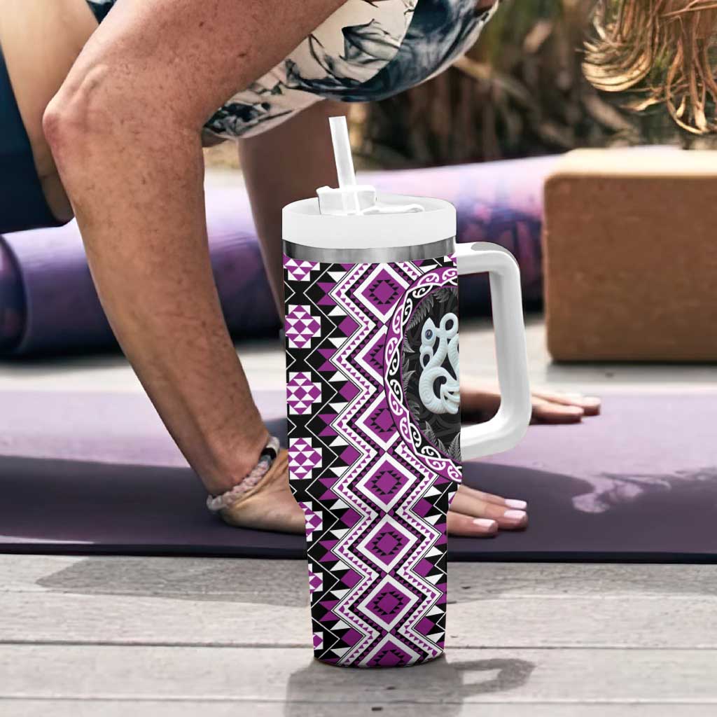 Purple Taniko Motif Aotearoa Manaia and Silver Fern Tumbler With Handle