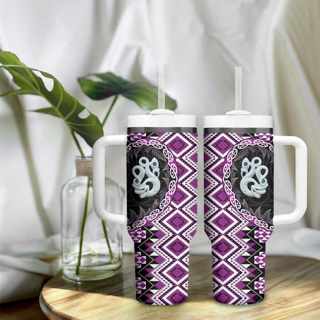 Purple Taniko Motif Aotearoa Manaia and Silver Fern Tumbler With Handle